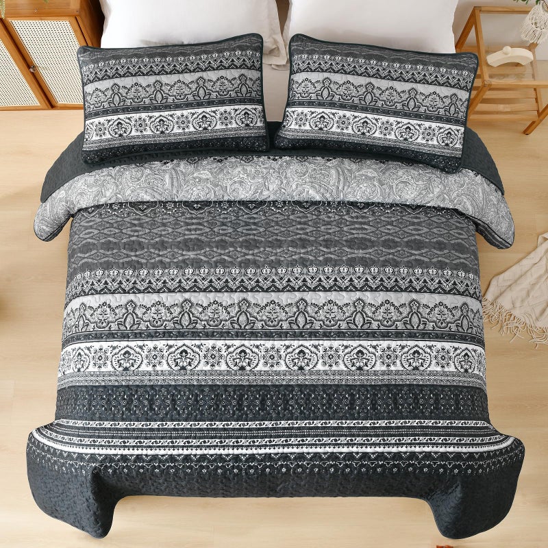 WONGS BEDDING Boho King Quilt Set  Black Bohemian Quilt Bedding Set  Lightweight Bed Decor Bedspread for All Season Reversible Microfiber Coverlet Bedding Set 110""x90""(3 Pieces) - Image 5